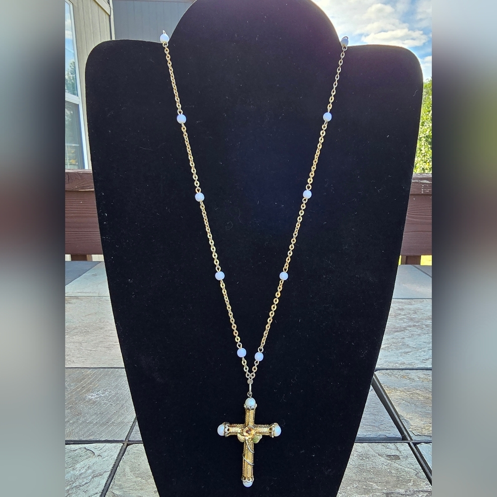 1928 Gold Cross Necklace Rosary